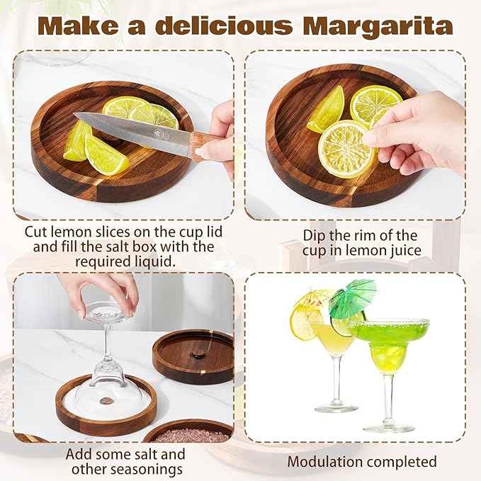 Mifoci Margarita Salt Rimmer Set Acacia Bar Rimming Station with Sponges & Quick Release Home Bar Accessories for Margarita, Cocktail Drinks, Bartender Kit, Party Supplies (5-tier)