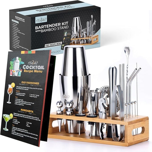 Mixology Bartender Kit with Japanese Jigger & Bamboo Stand - 25 Piece Stainless Steel Cocktail Making Set - Boston Shaker, Strainer, Mixer, Spoon, Muddler Barware - Anniversary & Birthday Gifts