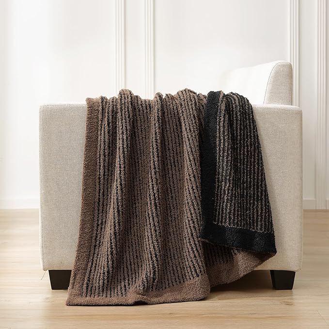 Snuggle Sac Ultra Soft Throw Blanket for Couch, Fuzzy Microfiber Knit Stripe Blankets for Couch, Sofa, Travel, Black Brown, 50x60 inches
