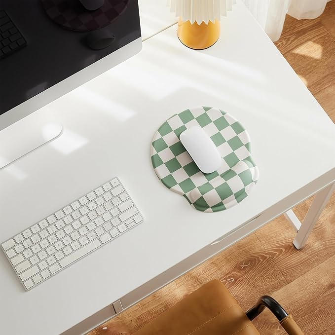 Sage Green Checkered Mouse Pad with Gel Wrist Rest, Wrist Support, Ergonomic Desk Accessories for Women, Office Laptop Gaming Decor, Cute Aesthetic Trendy Check Design