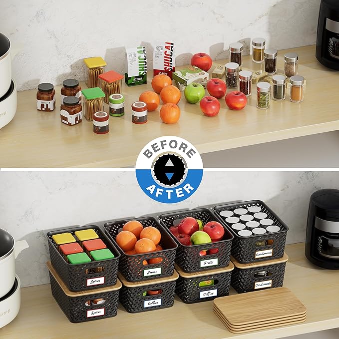 8 Packs Plastic Storage Bins with Bamboo Lids - Stackable Storage Bins Decorative Small Basket Containers for Organizing Shelves Office Classroom Desktop Closet, Black