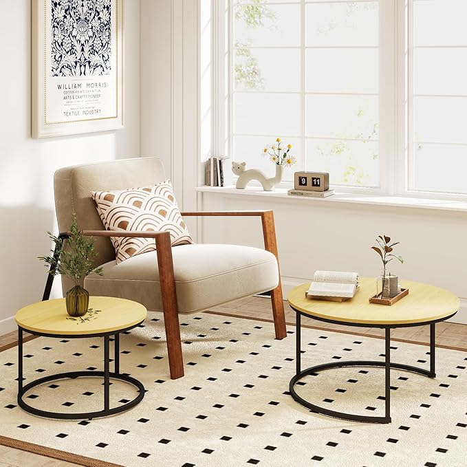 Nesting Tables Set of 2, 31.5" Round Coffee Table, Wood Grain Top Nesting Coffee Table with Adjustable Non-Slip Fee, Small Nesting Tables for Living Room, Bedroom (Wood Grain Light Brown)