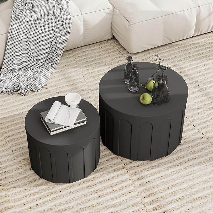 Nesting Coffee Table Set of 2, Modern Coffee Tables, Space-Saving Round Circle Coffee Tables, Side End Table for Living Room, Bedroom, Balcony, Office, Black