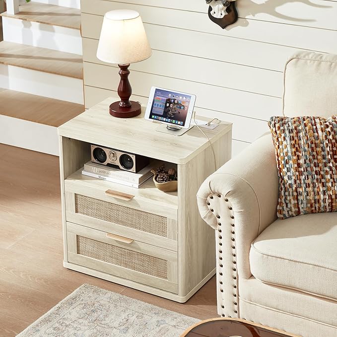 LEYAOYAO Rattan Nightstands with Charger Station, 23" Wide Boho Night Stand with 2 Drawers, Grey White Bedside Table Open Shlef, Bed Side End Table Dresser for Bedroom, Living Room Hallway