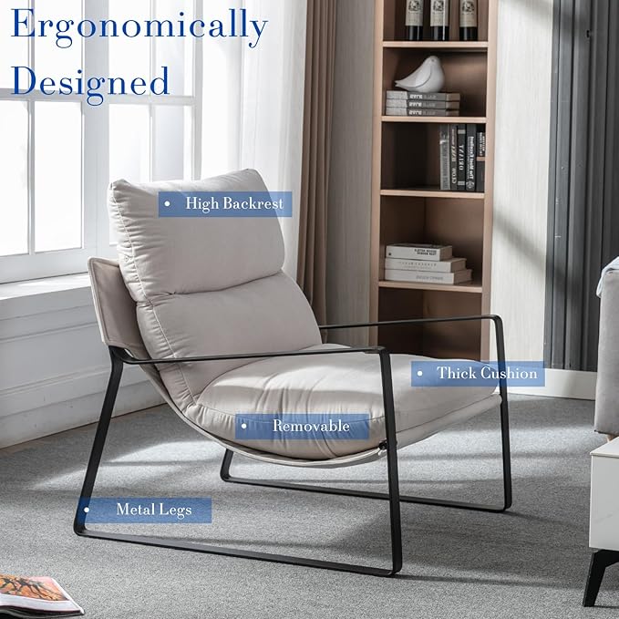 HEAH-YO Modern Accent Chairs Set of 2, Chenille Fabric Living Room Chairs with Removable Cushion and Solid Metal Frame, Comfy Reading Chairs for Bedroom, White