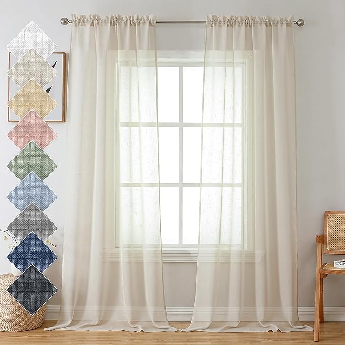 Aiyufeng Kirei Farmhouse Sheer Curtains Flax Textured for Living Room, Semi Sheer Vertical Drapes Privacy with Light Filter for Home Office/Farm House, W40 x L72, Linen, 1 Pair