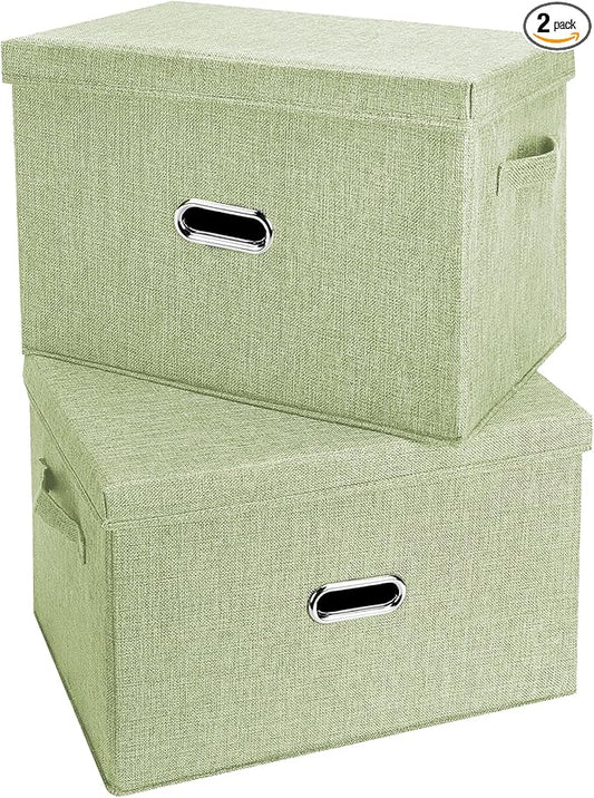 Large Linen Fabric Foldable Storage Bins with Removable Lid and Handles, Washable Storage Box Organizer Containers Baskets Cube with Cover for Bedroom,Office (Green, Small(2-Pack))