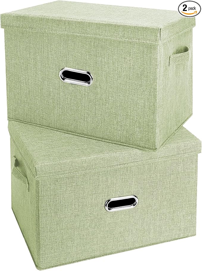Large Linen Fabric Foldable Storage Bins with Removable Lid and Handles, Washable Storage Box Organizer Containers Baskets Cube with Cover for Bedroom,Office(Green, XXL(2-Pack))