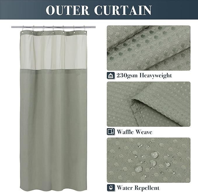 N&Y HOME Stall Waffle Weave Shower Curtain with Snap-in Fabric Liner & Hooks Set - 36" x 72" Small Shower Stall Size, Hotel Style & Mesh Top Window, Machine Washable - 36x72, Sage Green
