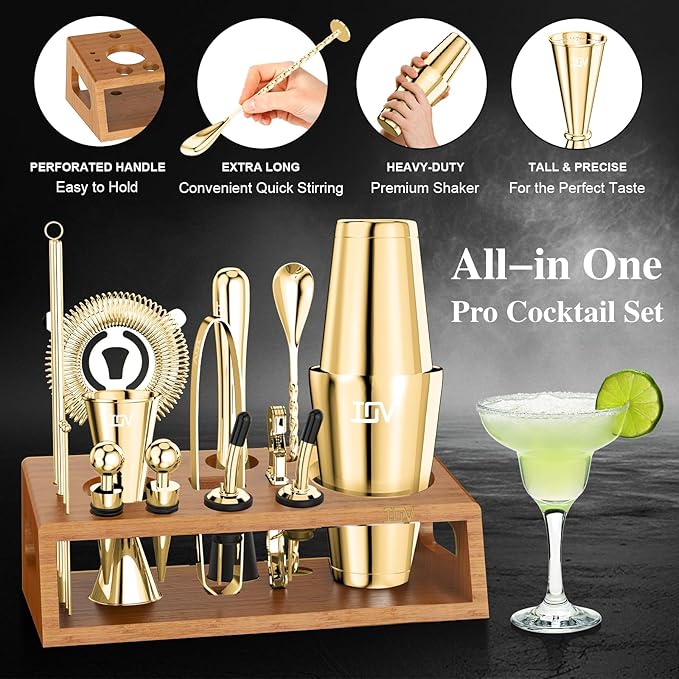 IOV Mixology Bartender Kit Bar Set with Stand | 17-Piece Cocktail Shaker Set | 28oz Boston Shaker Drink Mixer Set with All Essential Accessory Tools | Fun Housewarming Gift (Gold)