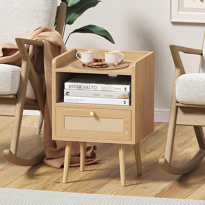 Nightstand Rattan with Charging Station, Mid Century Modern Bed Side Table, Boho End Table with Wood Legs, Bedside Tables for Bedroom Living Room (1, Natural, 11.8" D x 15.9" W x 23.4" H (1 Drawers))