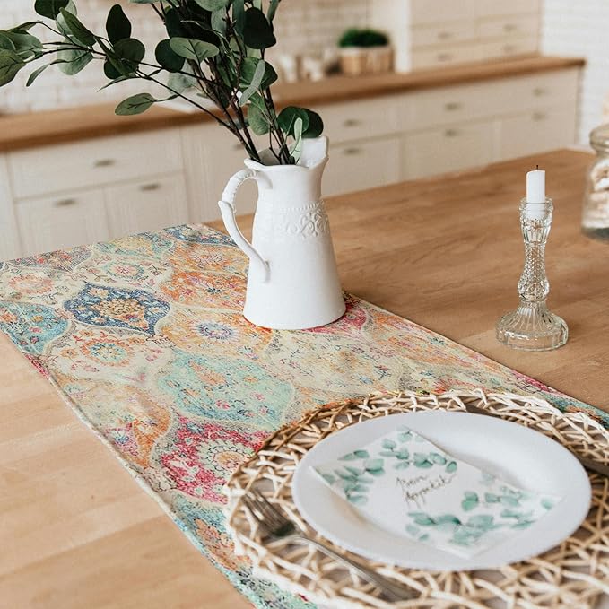 Snycler Table Runner Boho Table Runners Vintage Elegant Farmhouse Table Center Linen Decor for Home Dining Party Entrance (13x48 Inch) Boho-Yellow