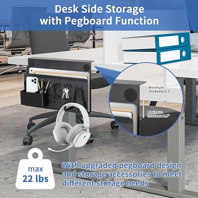LUKETURE Desk Side Storage, No Drill Laptop Side Desk Mount, Steel Hanging Organizer, with Pegboard Accessories, Clamp on Laptop Holder for Office and Home, Fits Flat Edge Tables 0.3" to 2.8"