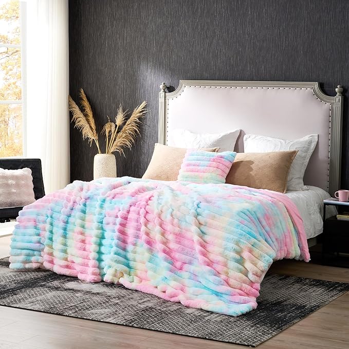 Cozy Bliss Faux Fur Throw Blanket for Couch, Cozy Warm Plush Striped Blanket for Sofa Bedroom Living Room, 108 * 90 Inches Tie-dye Rainbow