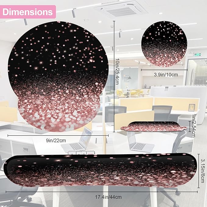 Rose Gold Glitter Mouse Pad with Wrist Rest and Keyboard Wrist Rest Set, Non-Slip Rubber Base Memory Foam Mouse Pad Set for Women, Office Desk Accessories, Gaming