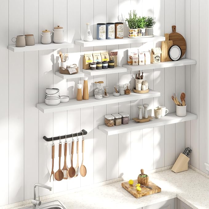 Floating Shelves for Wall with Invisible Brackets, Wall Mounted Engineered Wood Shelves with Wood Grain for Living Room, Bedroom, Bathroom, Kitchen Decor and Storage, Oak, 24"L Set of 2, White