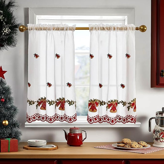 Deconovo Christmas Kitchen Tier Curtains, Embroidered Cafe Tiers, Semi Sheer Window Treatment with Rod Pocket, Light Filtering for Small Windows, Door & Sink Areas, 28W x 30L, Golden Bell, 2 Panels
