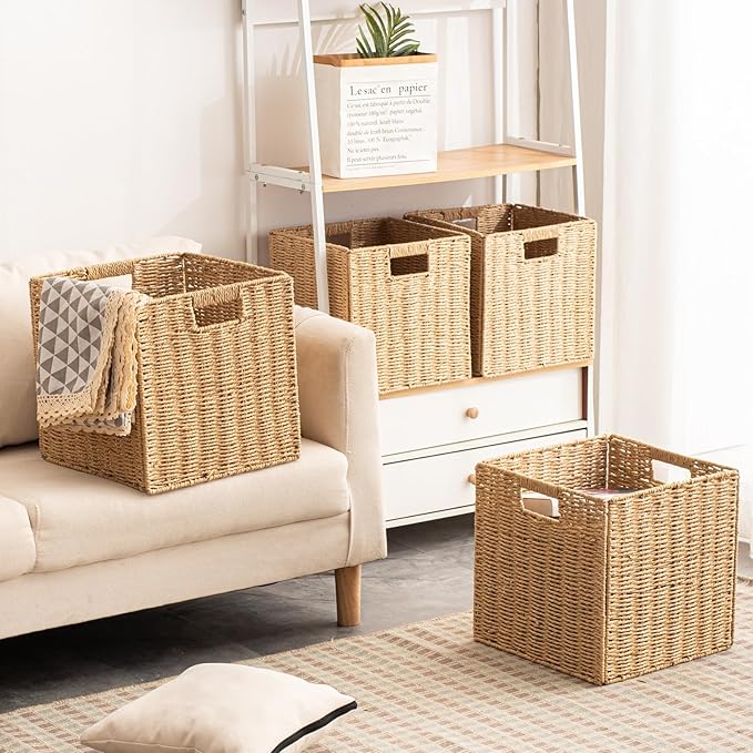 Foldable Storage Baskets with Handles Paper Rope Storage Baskets Rectangle Collapsible Hand Woven Storage Cubes Bins for Organizing Shelves Living Room Bedroom Pantry (3, 11'' x 11'' x 11'')