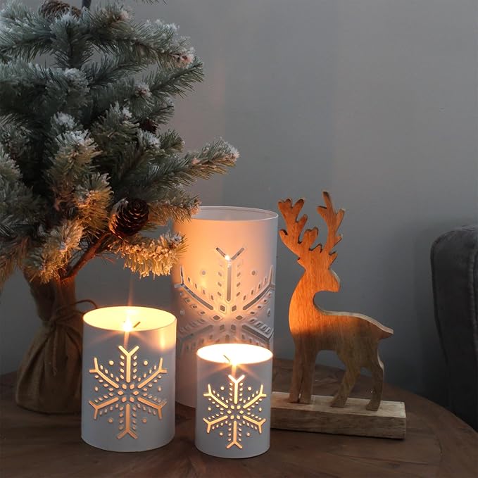 AuldHome Design Snowflake Candle Lanterns for Pillar Candles (Set of 3); Christmas Holiday Decor Centerpiece Candle Holders
