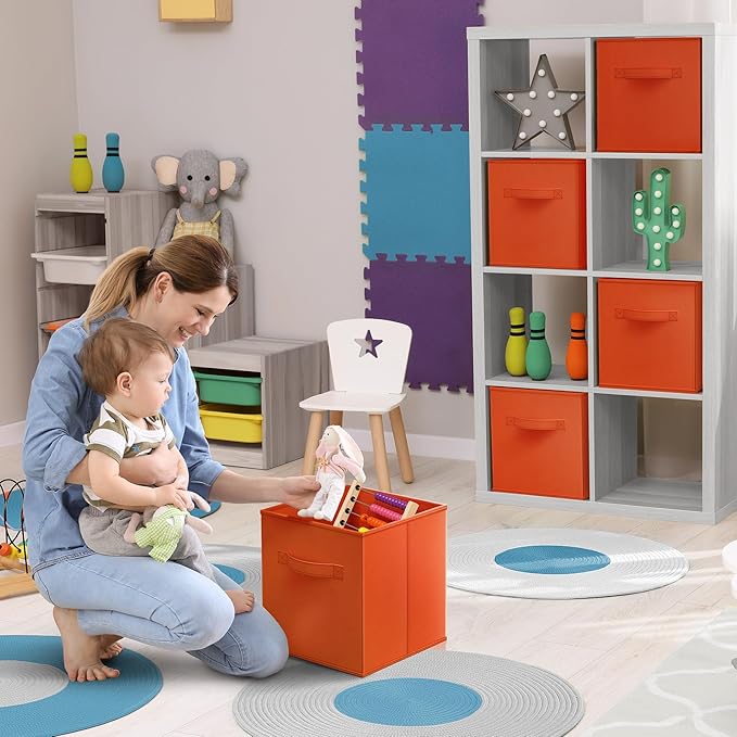 Sorbus Foldable Storage Cubes - 6 Fabric Baskets for Organizing Pantry, Shelf, Toy Box, Cubby, Closet - 11 Inch Collapsible Closet Organizers and Storage Bins with Handle (Orange)