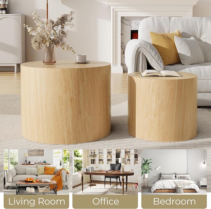 Nesting Coffee Table Set of 2, Round Yellow Nesting Table Modern Circle Coffee Tables Side End Tables for Small Spaces Living Room, Bedroom, Balcony, Office