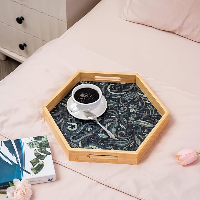 PEMAR 15.7" Hexagonal Bamboo Tray for Serving Coffee, Breakfast, Bread, Food, Art Decor. Decorative Pattern Tray for Coffee Table, Kitchen Counter, Vanity, Bedroom, Ottoman, Home Decor (Turquoise)