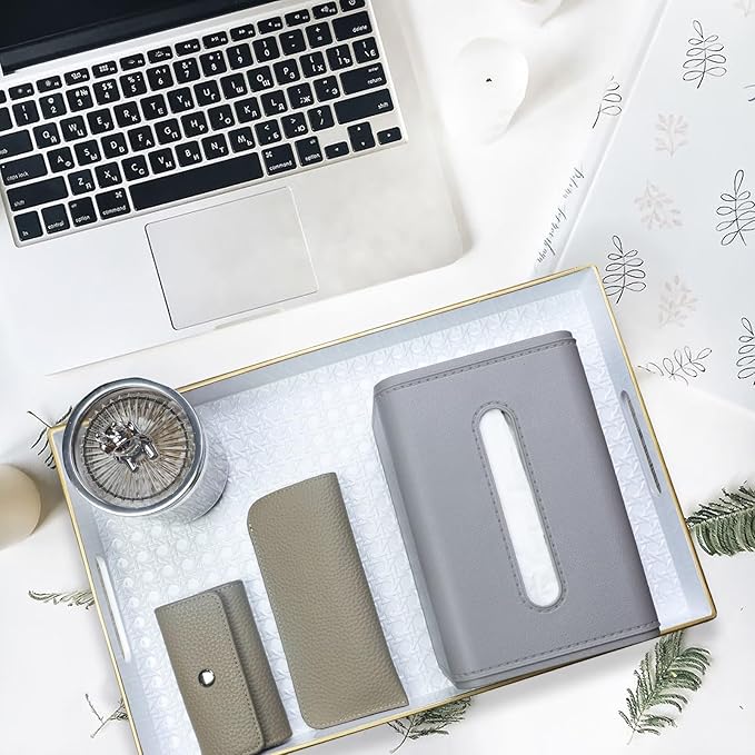 White Decorative Coffee Table Tray, Rectangular Plastic Serving Tray with Handles for Living Room, Ottoman, Bathroom, 15.7"*10.2"