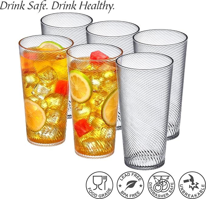Amazing Abby - Breeze - 30-Ounce Plastic Tumblers (Set of 6), Drinking Glasses, All-Clear Reusable Cups, Stackable, BPA-Free, Shatter-Proof, Dishwasher-Safe
