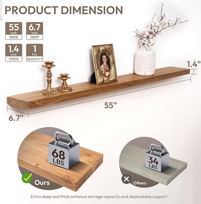 Marsmiles 55 inch Floating Shelves for Wall Solid Elm Wood Wall Mounted Shelves|Rustic Long Floating Shelves with Invisible Bracket for Bathroom Living Room Kitchen|Natural, 1 Pack