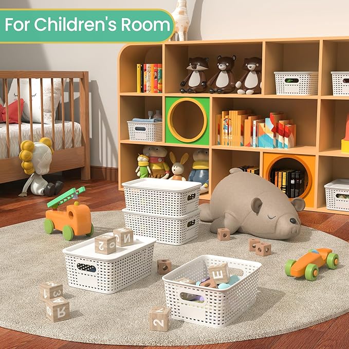 Plastic Storage Baskets with Lid - Plastic Storage Containers Stackable Storage bins: Storage Baskets for Organizing Shelves Drawers Desktop Closet Playroom Classroom Office, 8 Pack-White