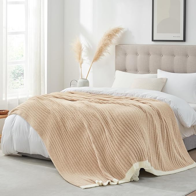 Snuggle Sac Queen Size Blanket for Bed, Soft Luxurious Bedding Blankets, Large Fuzzy Plush Microfiber Blankets, Beige, 90x90 inches