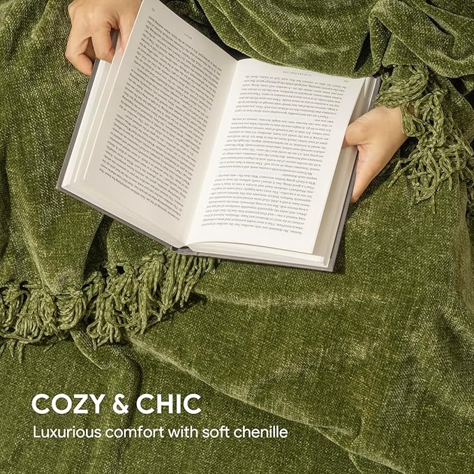 RECYCO Throw Blanket Soft Cozy Chenille Throw Blanket with Fringe Tassel for Couch Sofa Chair Bed Living Room Gift (Loden Green, 50'' x 60'')
