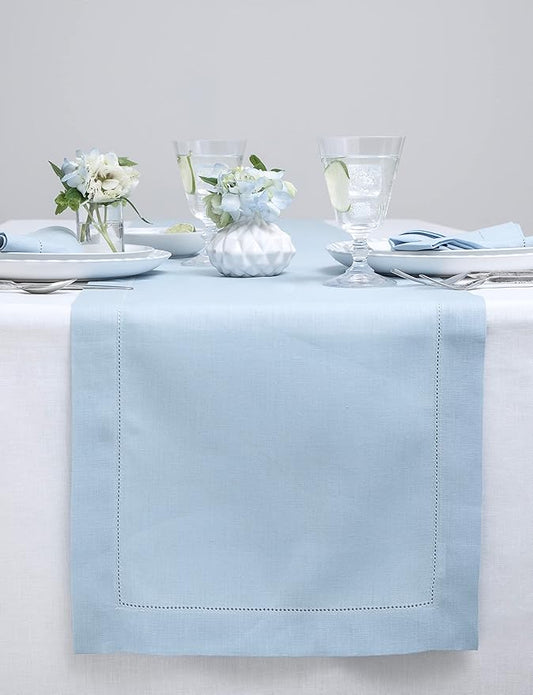Solino Home Linen Sky Blue Table Runner 48 Inches - Classic Hemstitch, 100% Pure Linen Coffee Table Runner 14 x 48 Inch Ideal for Dresser Tables - Holiday