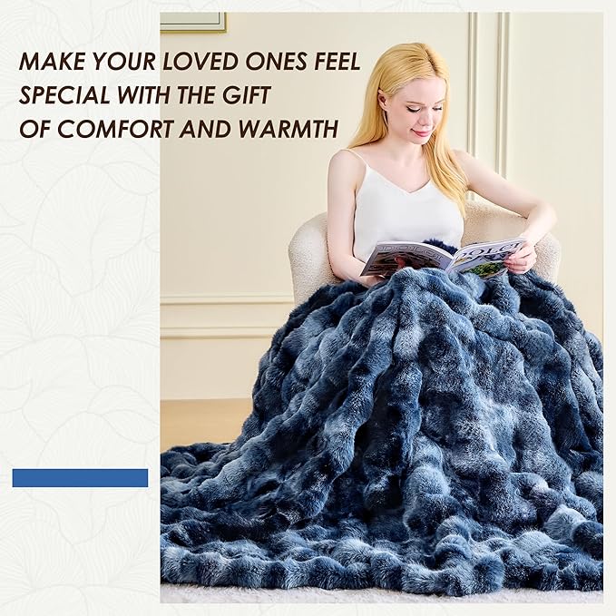 Luxury 1000GSM Faux Rabbit Fur Throw Blanket, Super Heavy Warm Cozy Blankets for Couch Bed Sofa, Bubble Plush Fuzzy Elegant Soft Reversible Mink Blanket for Living Room Bedroom, Tie-dye Blue