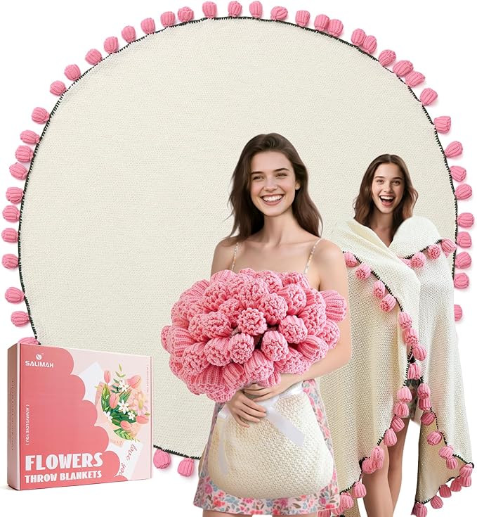 Flower Bouquet Blanket Gifts for Mom Grandma Wife Girlfriend,Completed Crochet Flower Blanket,Soft Knitted Throw Blankets,Gifts for Her Christmas Birthday Anniversary (Pink Roses)