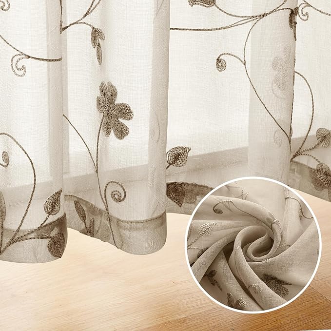 HOMEIDEAS Taupe Sheer Curtains 84 Inches Long 2 Panels Beige Embroidered Floral Pattern Semi Sheer Window Curtains for Bedroom Living Room