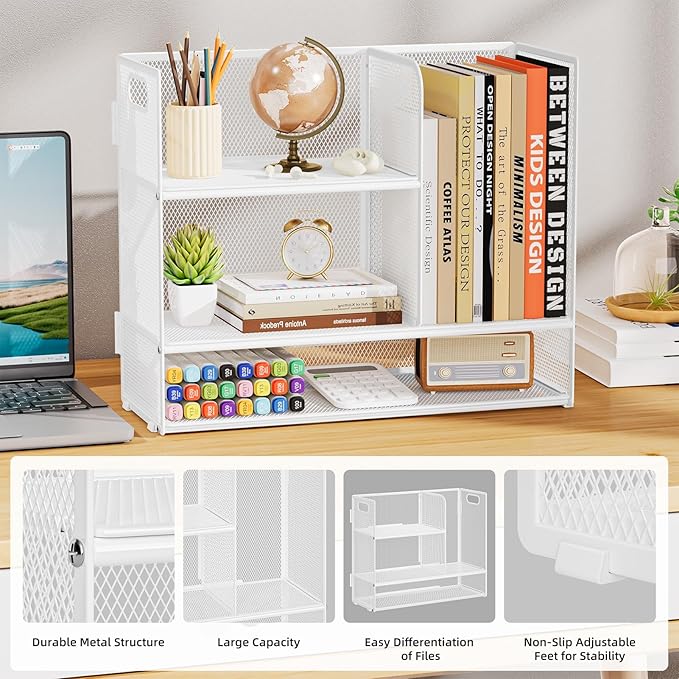 Marbrasse 3-Tier Desk Shelf Organizer with Handle, Desktop Bookshelf File Holder, Mesh Display Shelf Organizer Storage Rack for Office, Home, Supplies, Kitchen (White)