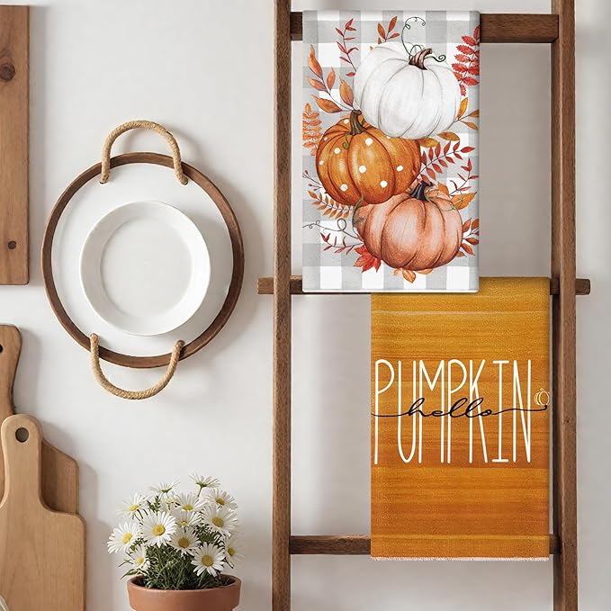 Amandir Fall Kitchen Dish Towels Orange Buffalo Plaid Polka Dot Leaves Hello Pumpkin Fall Hand Towels, 18x26 Inch Farmhouse Home Decor Tea Bathroom Autumn Thanksgiving Decorations Set of 4