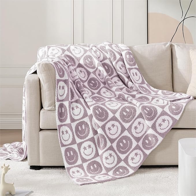 WRENSONGE Checkered Throw Blanket Lilac Smiling Face Soft Cozy Fluffy Warm Hand Made Throw Blankets for Couch, Sofa, Chair, Bed, Camping, Picnic, Travel Lightweight Bed Blanket - 50"*60"