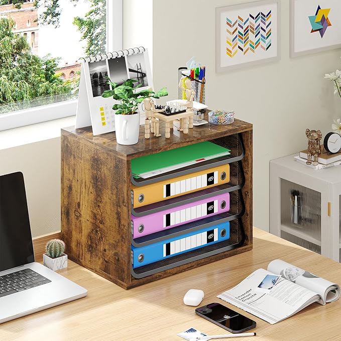 Simple Trending Desk File Organizers, 4-Tier Letter Tray Paper Organizer with File Holder, Wooden Paper Sorter for Office Supplies, Rustic Brown