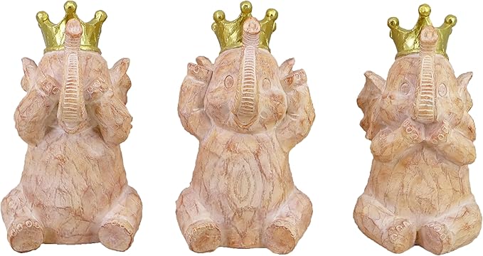 8-inch Resin Cartoon Three Hear-No, See-No, Speak-No Evil Stacked Elephants Collectible Statue Wood Grain Elephant Gift for Women, Boho Decor for Living Room