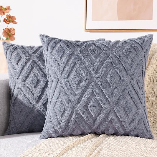 decorUhome Couch Throw Pillow Covers 20x20 Set of 2, Decorative Soft Plush Faux Wool Neutral Accent Pillow Covers for Bed Sofa Living Room, Blue Grey