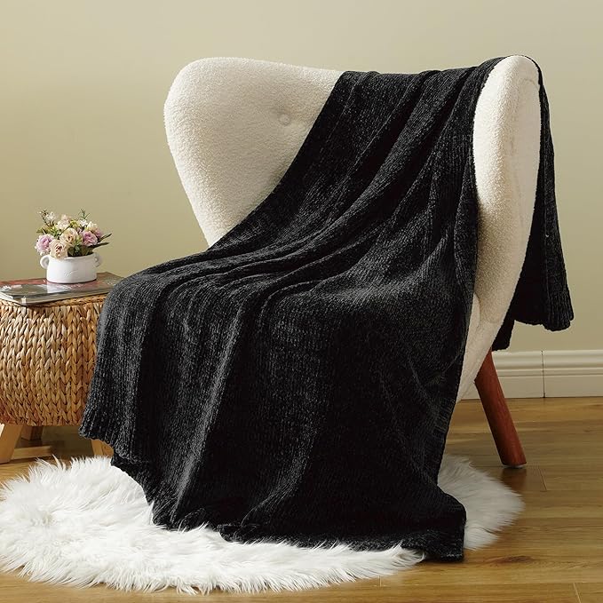 BATTILO HOME Black Throw Blanket for Couch, Woven Chenille Throw Blankets for Bed, Chair, Sofa, Black Knitted Blanket Cozy Soft Blanket, 51"x67"