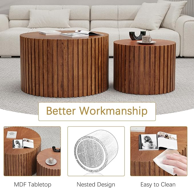 Round Coffee Table Set of 2 Modern Nesting Coffee Tables Wooden Drum Coffee Tables with Non-Slip Feet, Circle Nesting Tables End Table for Living Room Office, No Assembly (Brown 27.56"+19.69")