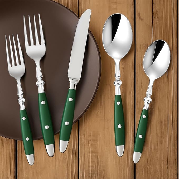 5-Piece Silverware Set, Stainless Steel Flatware Set, Service for 1, Vintage Cutlery Set with Green Bakelite Handle, Mirror Polished | Rustic | Dishwasher Safe