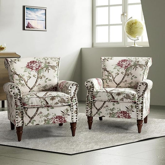 HULALA HOME Modern Wingback Accent Chairs Set of 2 with Wood Legs & Removable Cushion, Comfy Upholstered Armchairs with Nailhead Trim, Floral Pattern Single Sofa Chairs for Living Room Bedroom, Floral
