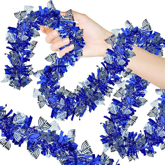 Hanukkah Decorations, 32 FT Hanukkah Garland with Menorah and Star of David Sequins Ornaments Blue Artificial Tinsel Twist Garland for Chanukah Home Indoor Outdoor Party Table Door