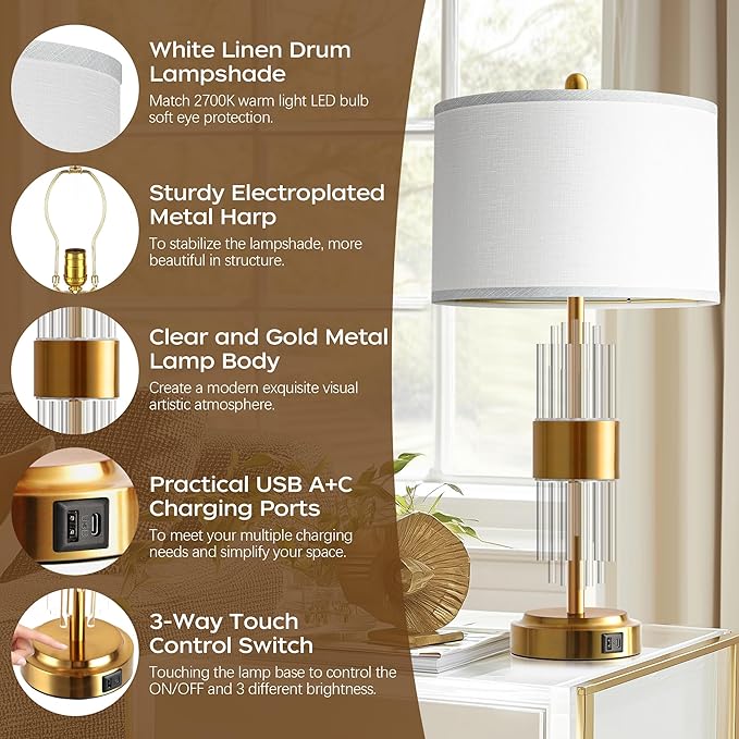 QiMH Table Lamp for Living Room with USB A+C Ports, Gold Bedside Lamps for Bedrooms Set of 2 with Touch Control, Modern Nightstand Lamp White Lamp Shade Home Office Decor (2700K LED Bulb Included)