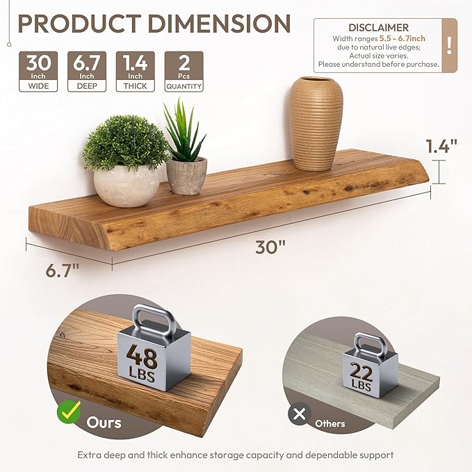 Marsmiles 30 inch Floating Shelves for Wall Elm Wood Live Edge Shelves|Rustic Wall Shelves with Invisible Heavy-Duty Bracket for Bathroom Living Room Kitchen|Natural, 2 Pack