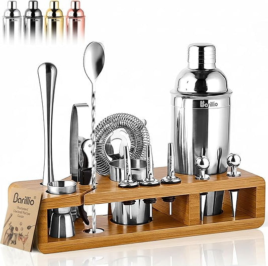 Barillio Bartender Kit - Stainless-Steel Cocktail Shaker Set w/Bamboo Stand - Mixology Bar Tools w/Drink Shaker, Mixer Spoon & Muddler for Cocktails - Home Bar Accessories - 23-Pc Bar Set - Silver